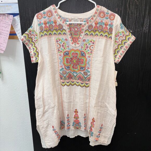 Johnny Was Workshop Tamia Boho Drape Top Size S Peach Floral Embroidered Cotton - Picture 2 of 9